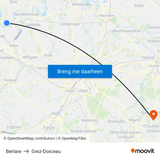 Berlare to Grez-Doiceau map
