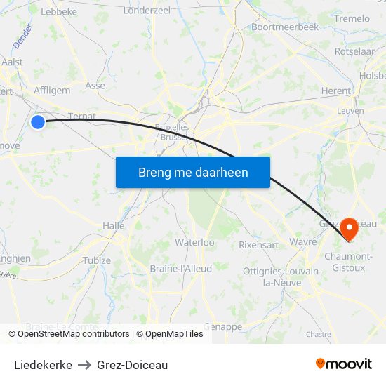 Liedekerke to Grez-Doiceau map