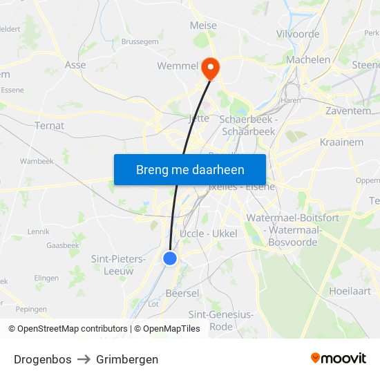 Drogenbos to Grimbergen map