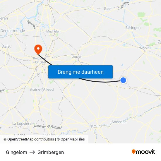 Gingelom to Grimbergen map