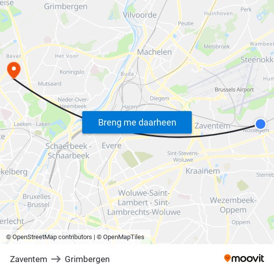 Zaventem to Grimbergen map