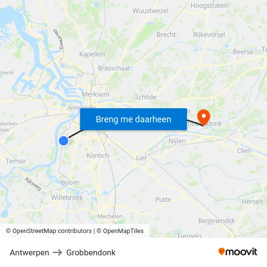 Antwerpen to Grobbendonk map