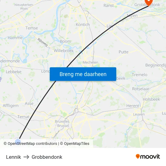 Lennik to Grobbendonk map