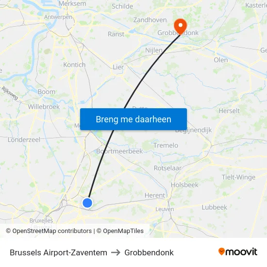 Brussels Airport-Zaventem to Grobbendonk map