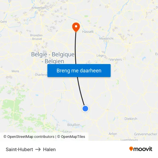Saint-Hubert to Halen map