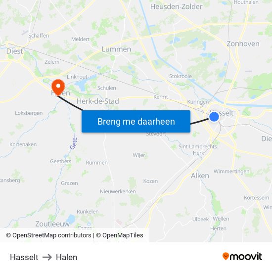 Hasselt to Halen map
