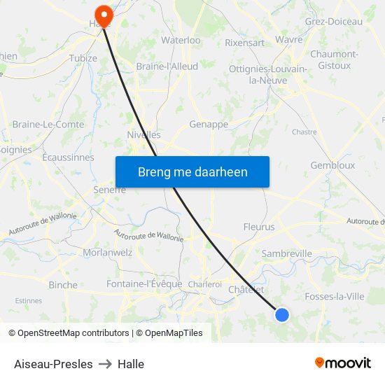 Aiseau-Presles to Halle map