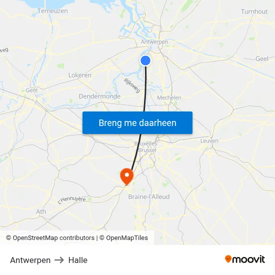 Antwerpen to Halle map