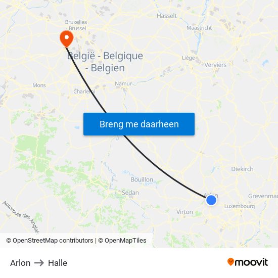 Arlon to Halle map