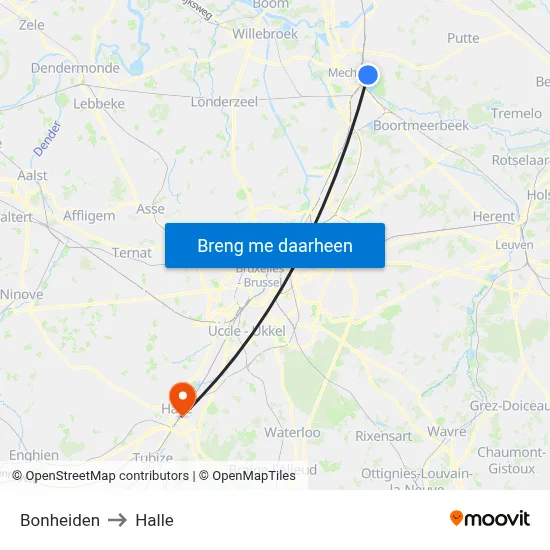 Bonheiden to Halle map