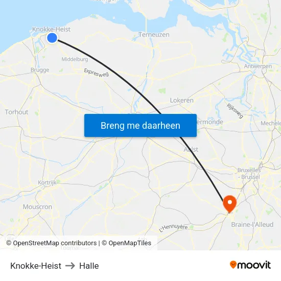 Knokke-Heist to Halle map