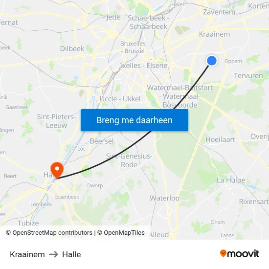 Kraainem to Halle map