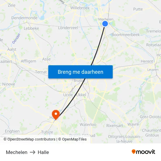 Mechelen to Halle map