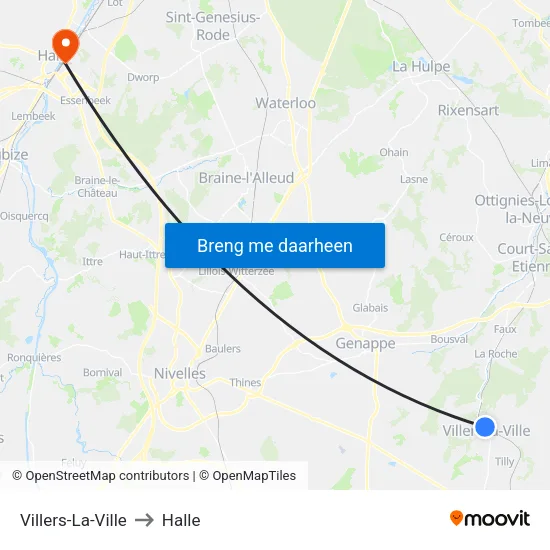 Villers-La-Ville to Halle map