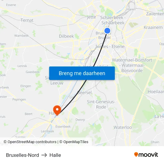 Bruxelles-Nord to Halle map