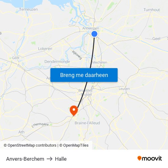 Anvers-Berchem to Halle map