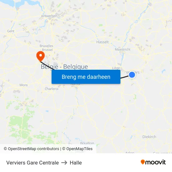 Verviers Gare Centrale to Halle map