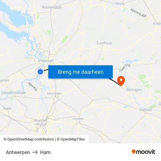 Antwerpen to Ham map