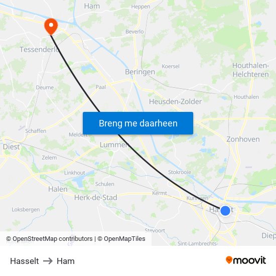 Hasselt to Ham map