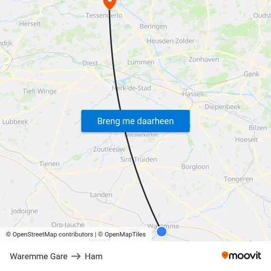 Waremme Gare to Ham map