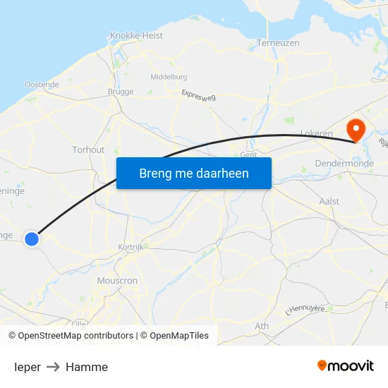 Ieper to Hamme map