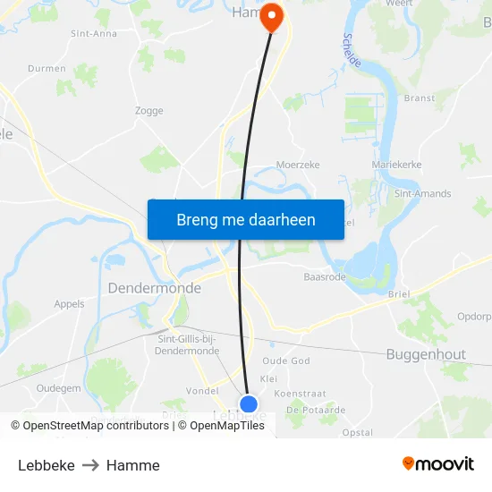Lebbeke to Hamme map