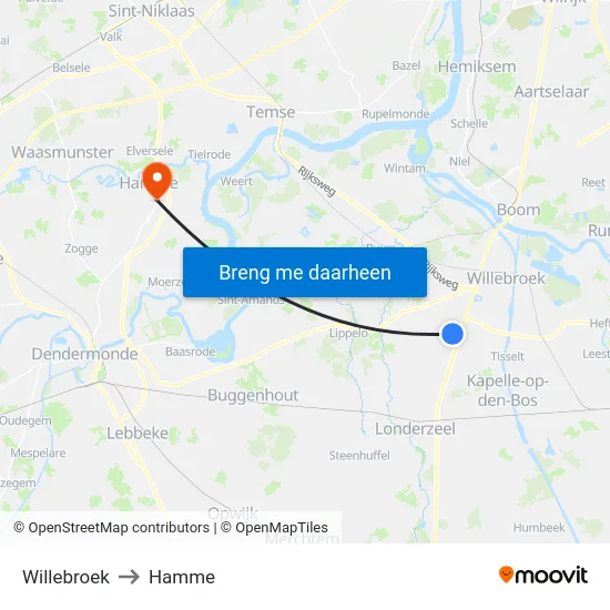 Willebroek to Hamme map