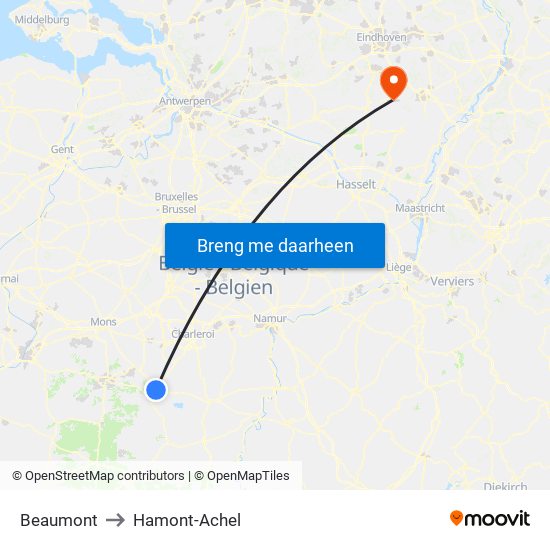 Beaumont to Hamont-Achel map