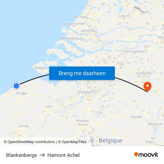 Blankenberge to Hamont-Achel map