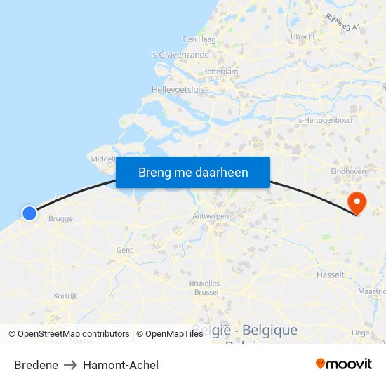 Bredene to Hamont-Achel map
