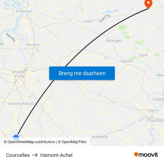 Courcelles to Hamont-Achel map