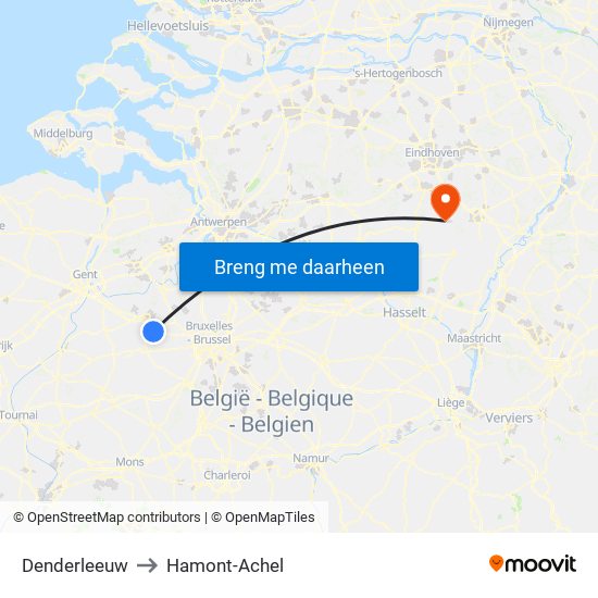 Denderleeuw to Hamont-Achel map