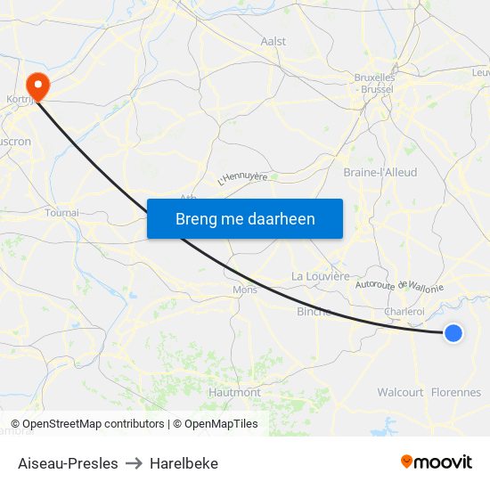 Aiseau-Presles to Harelbeke map