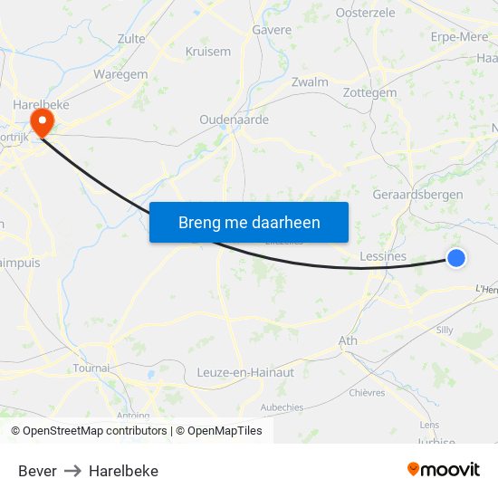 Bever to Harelbeke map