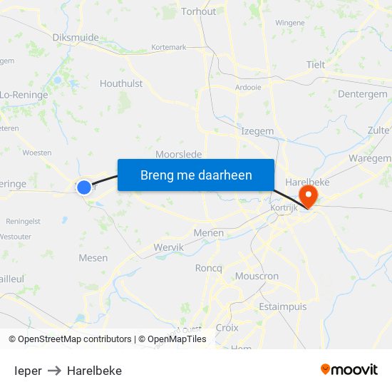 Ieper to Harelbeke map