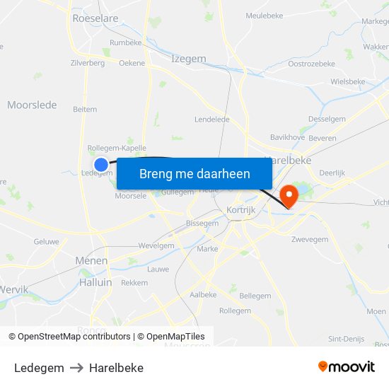 Ledegem to Harelbeke map