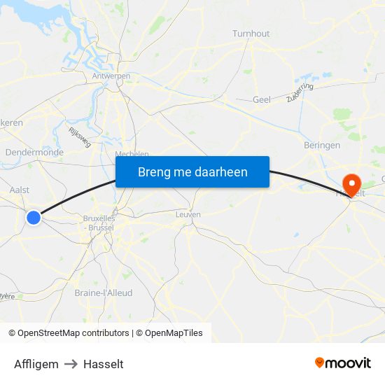 Affligem to Hasselt map