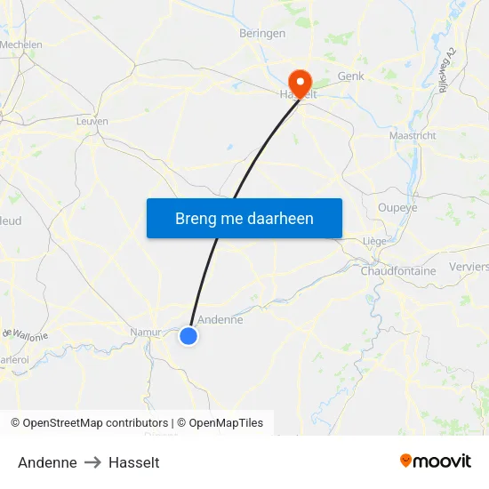 Andenne to Hasselt map