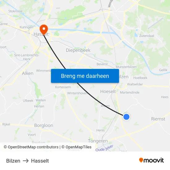 Bilzen to Hasselt map