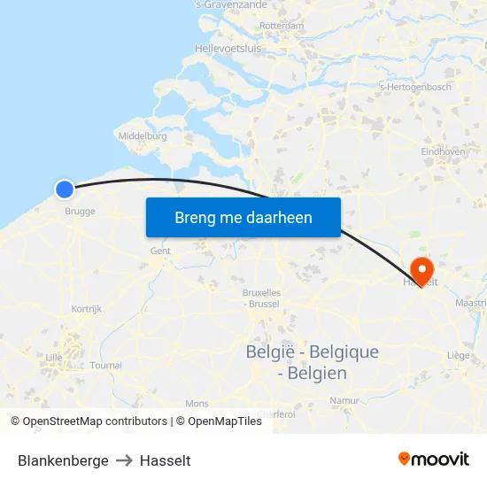 Blankenberge to Hasselt map
