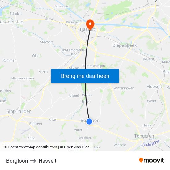 Borgloon to Hasselt map