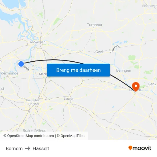 Bornem to Hasselt map