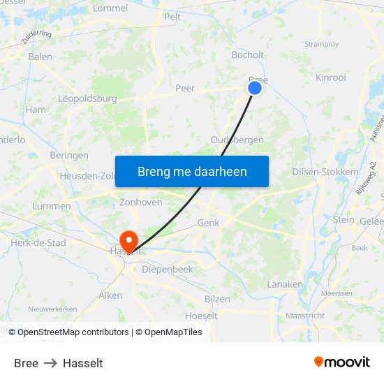 Bree to Hasselt map