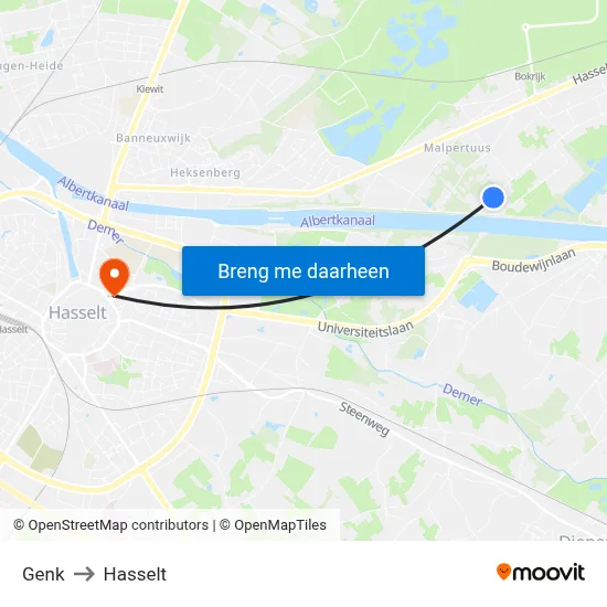 Genk to Hasselt map