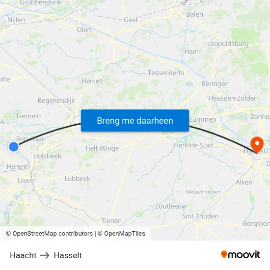 Haacht to Hasselt map