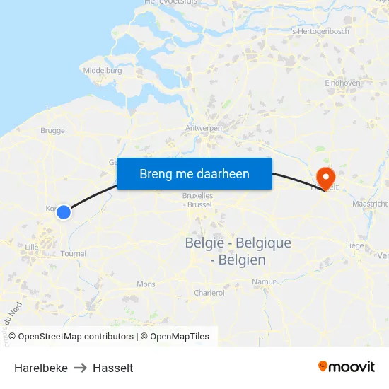 Harelbeke to Hasselt map