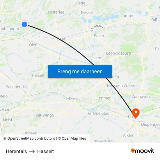 Herentals to Hasselt map