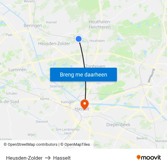 Heusden-Zolder to Hasselt map