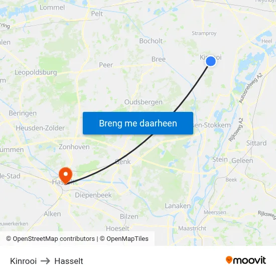 Kinrooi to Hasselt map