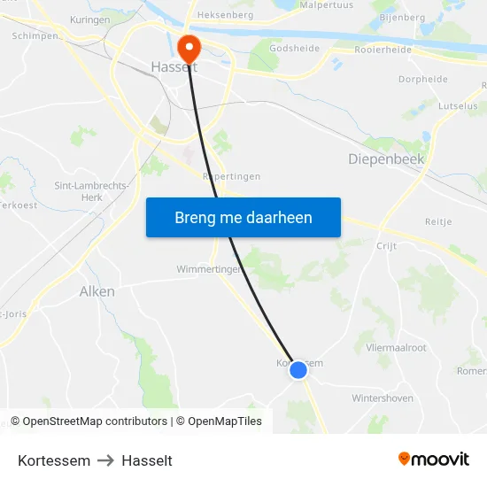 Kortessem to Hasselt map